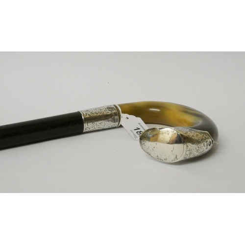 182 - A hallmarked silver and horn handled walking cane presented to the Royal Marines in October 1907