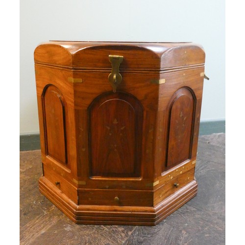 282 - Oriental brass inlaid octagonal box/table with lift out tray and brass carry handles