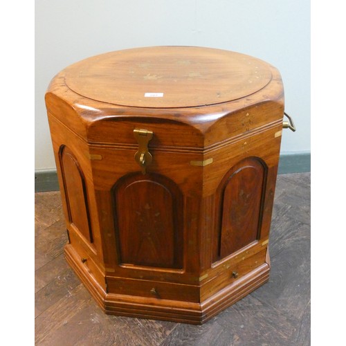 282 - Oriental brass inlaid octagonal box/table with lift out tray and brass carry handles