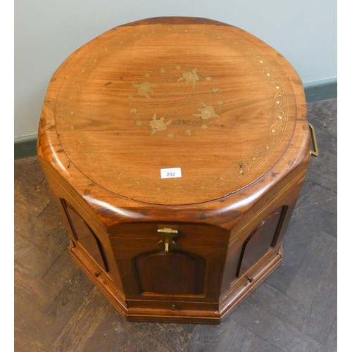 282 - Oriental brass inlaid octagonal box/table with lift out tray and brass carry handles