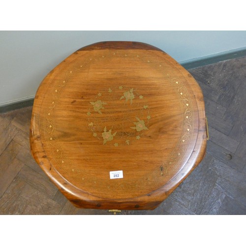 282 - Oriental brass inlaid octagonal box/table with lift out tray and brass carry handles