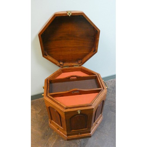 282 - Oriental brass inlaid octagonal box/table with lift out tray and brass carry handles