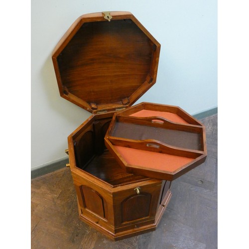 282 - Oriental brass inlaid octagonal box/table with lift out tray and brass carry handles