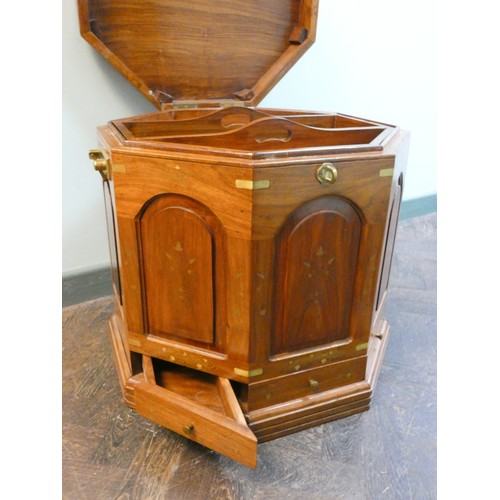 282 - Oriental brass inlaid octagonal box/table with lift out tray and brass carry handles