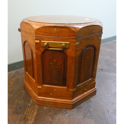 282 - Oriental brass inlaid octagonal box/table with lift out tray and brass carry handles