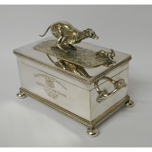 521 - Greyhound racing interest - A quality silver plated box, the hinged lid with greyhound and rabbit mo... 