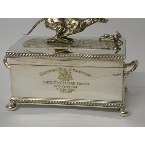 521 - Greyhound racing interest - A quality silver plated box, the hinged lid with greyhound and rabbit mo... 