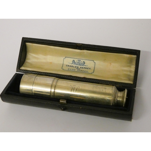 528 - A 19th century four drawer silver plated telescope, in Charles Asprey, Bond Street velvet & silk lin... 