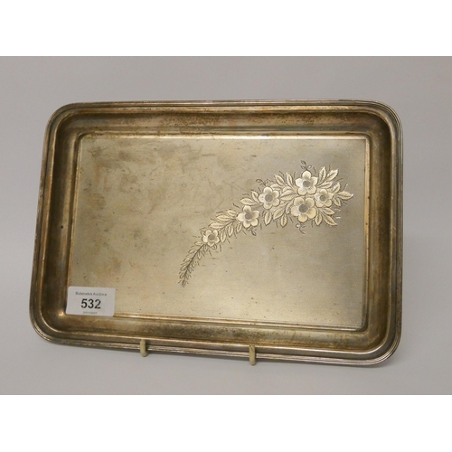 532 - A rectangular silver dressing table tray, with engine turned decoration and floral engraving, hallma... 