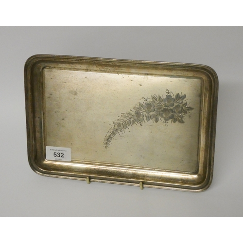 532 - A rectangular silver dressing table tray, with engine turned decoration and floral engraving, hallma... 