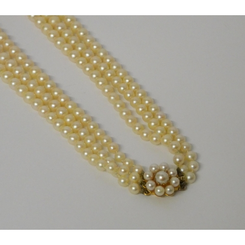 438 - A triple row cultured pearl necklace, individually knotted, to a pearl cluster and gold clasp, in Je... 