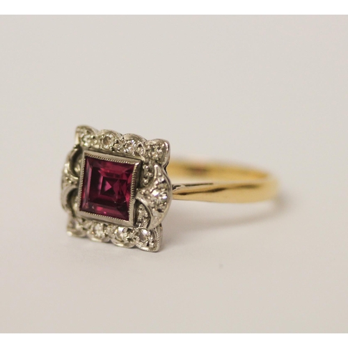 468 - Art deco synthetic ruby and diamond square cluster ring, on unmarked gold band. Ring size P