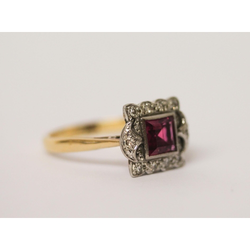 468 - Art deco synthetic ruby and diamond square cluster ring, on unmarked gold band. Ring size P