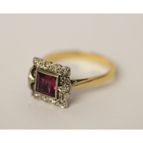 468 - Art deco synthetic ruby and diamond square cluster ring, on unmarked gold band. Ring size P