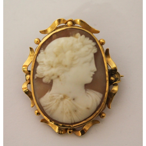 408 - Antique oval carved shell classical cameo brooch in gold frame, 30mm long