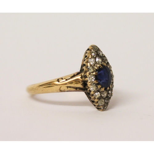 449 - Antique 18ct gold sapphire and diamond marquis panel ring, shank marked 18ct, ring size N, 4.1gms