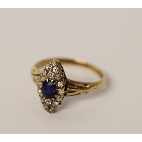 449 - Antique 18ct gold sapphire and diamond marquis panel ring, shank marked 18ct, ring size N, 4.1gms