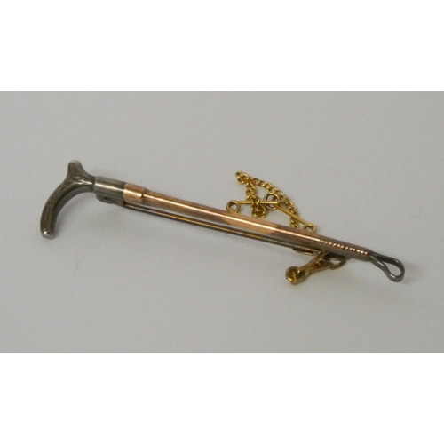 404 - Vintage 9ct gold and silver mounted hunting stick stock pin, in fitted box.