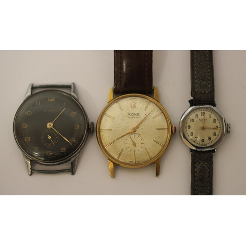 456 - A vintage black dial military style Swiss made watch, a Rone vintage watch and a ladies Buren vintag... 