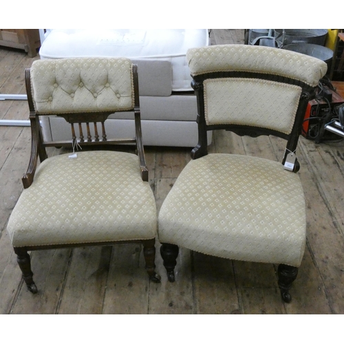 104 - Two Edwardian walnut framed occasional chairs upholstered in gold material