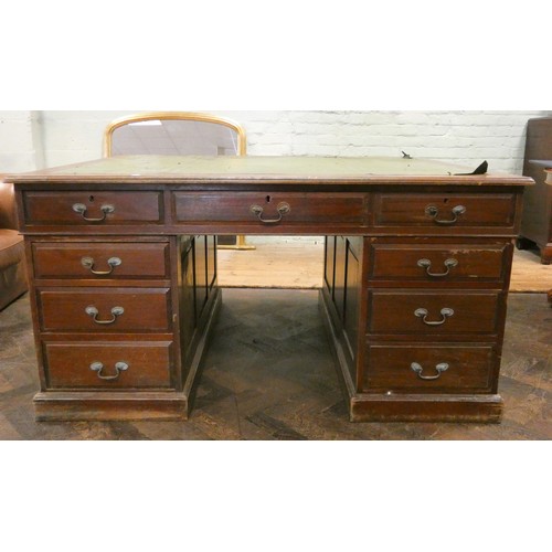 155 - Victorian mahogany pedestal partners desk fitted nine drawers either side with inset green leather t... 