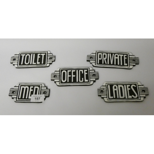 197 - Five Art Deco style metal door plaques