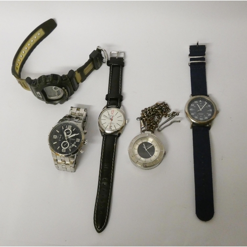 207 - A collection of four wristwatches and a Seiko dual display chronograph pocket style watch on chain