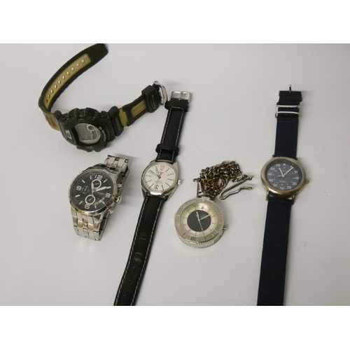 207 - A collection of four wristwatches and a Seiko dual display chronograph pocket style watch on chain