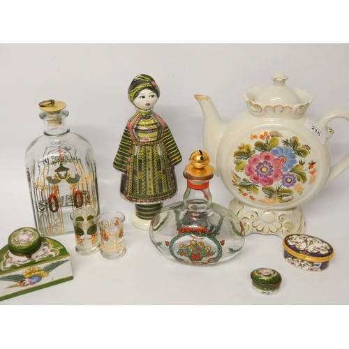 216 - A porcelain Russian doll figure, decorative pill boxes, green and gilt inkwell etc