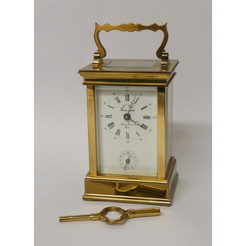 243 - Good quality gilt brass French carriage clock with alarm, the white dial inscribed L'Epee France, co... 