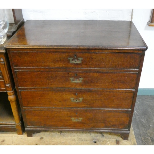 1 - A Georgian mahogany chest of four long drawers with military style recessed brass handles, standing ... 