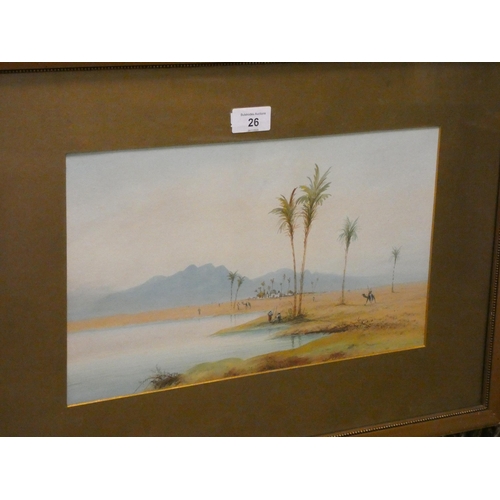 26 - A pair of gilt framed watercolours of Arabian desert scenes, signed J Moniti, image size 9