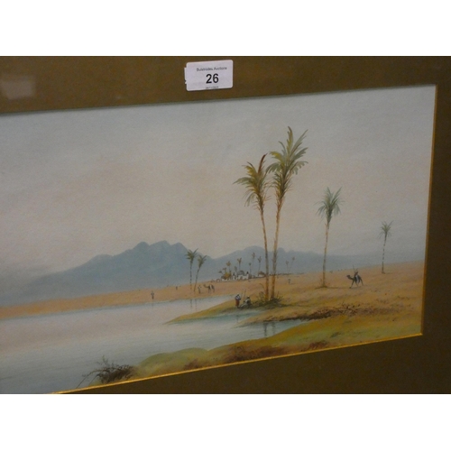 26 - A pair of gilt framed watercolours of Arabian desert scenes, signed J Moniti, image size 9