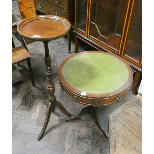 34 - A drum table style coffee table with green leather top and a mahogany plant or bust pedestal