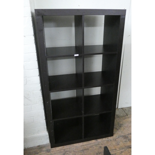 79 - A black ash eight division storage shelf unit together with a pair of square coffee tables and a two... 