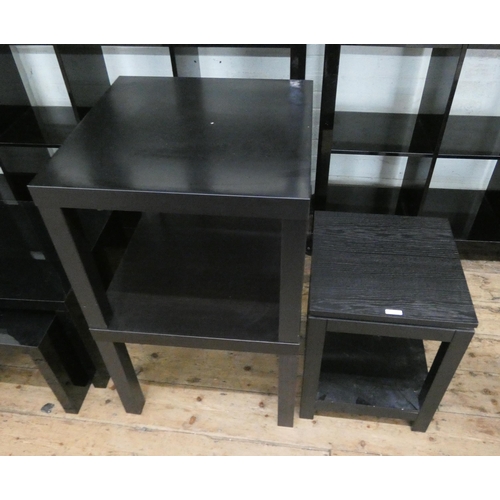 79 - A black ash eight division storage shelf unit together with a pair of square coffee tables and a two... 