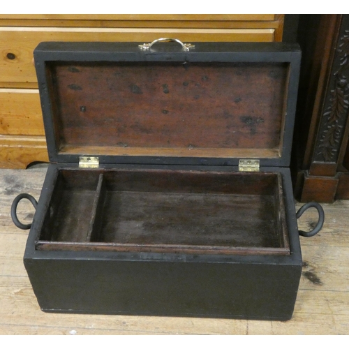 147 - A dark stained uniform trunk with interior tray fitted with iron handles, 2' X 1'