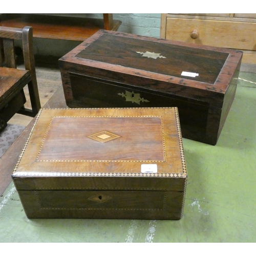 154 - A Victorian brass inlaid rosewood writing box together with an inlaid walnut writing box