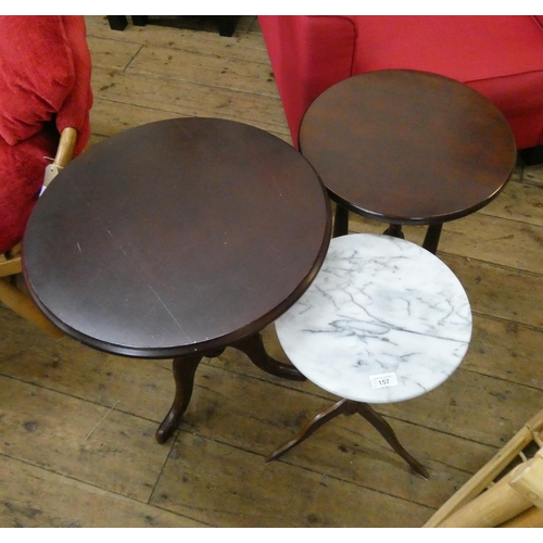 157 - Two mahogany circular occasional tables and a wine table with a marble top