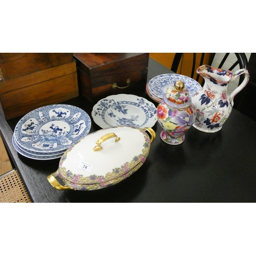 74 - Assorted oriental and other plates, ginger jar, jug and a tureen