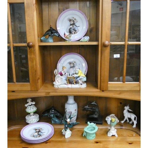 93 - Figure ornaments, decorative plates, Poole and other dolphins and other assorted ornaments