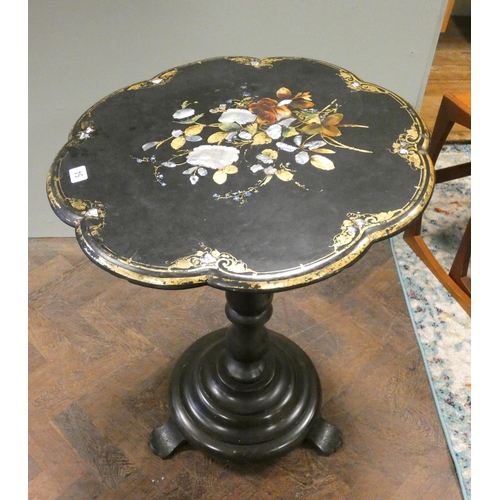 54 - A Jennens & Bettridge Victorian black lacquer and mother of pearl inlaid tripod table with snap top