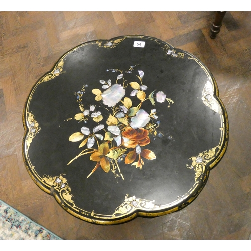 54 - A Jennens & Bettridge Victorian black lacquer and mother of pearl inlaid tripod table with snap top