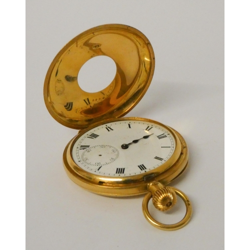 401 - Victorian 18ct yellow gold half hunter pocket watch, inner and outer case hallmarked, gross weight 1... 