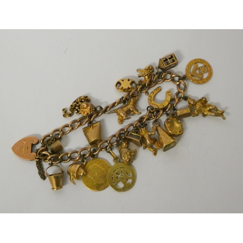 410 - 9ct gold curb link charm bracelet set with 1820 half sovereign, set with 19 other charms to a heart ... 