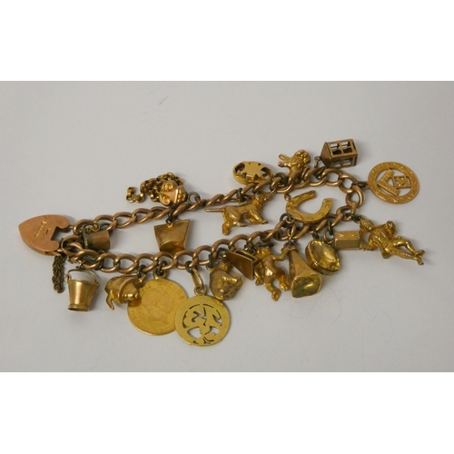 410 - 9ct gold curb link charm bracelet set with 1820 half sovereign, set with 19 other charms to a heart ... 