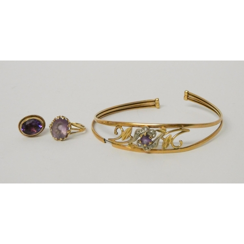 441 - 9ct gold amethyst set ladies bangle, a dress ring and one amethyst ear stud. Gross weight of lot 9.9... 