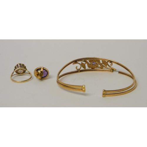 441 - 9ct gold amethyst set ladies bangle, a dress ring and one amethyst ear stud. Gross weight of lot 9.9... 