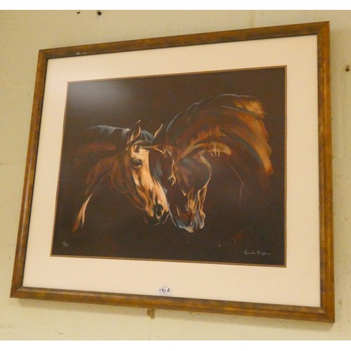 190A - The Greeting by Louise Mizen - a large limited edition print of horses heads, framed and glazed