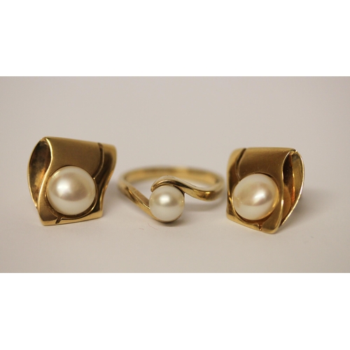 427 - Mikimoto cultured pearl earrings set in 14ct gold, and a 9ct gold cultured pearl dress ring, size N